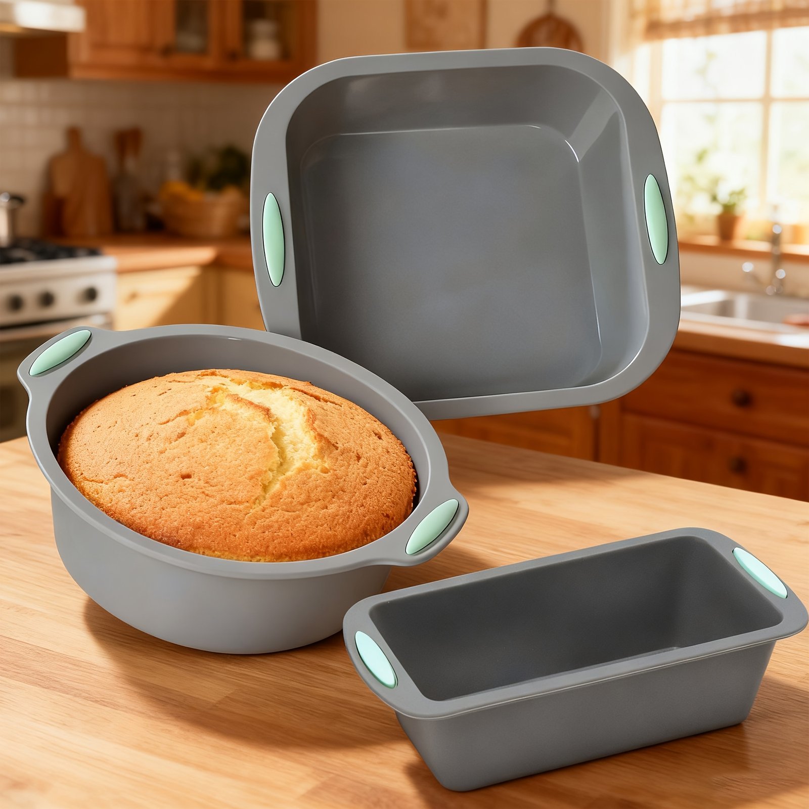 3pcs Non-Stick Silicone Mini Cake Mold Set (Round, Square & Toast Shape) | Baking Kitchenware
